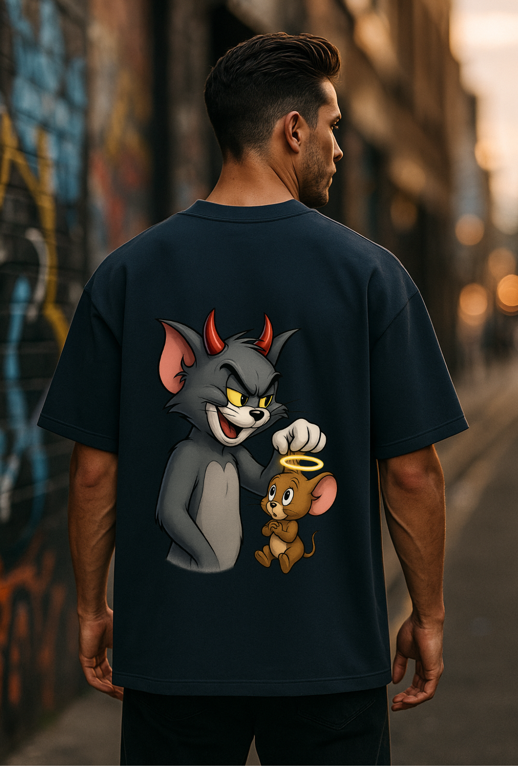 Tom & Jerry Devil vs Angel Oversized T-Shirt – Cartoon Clash Edition